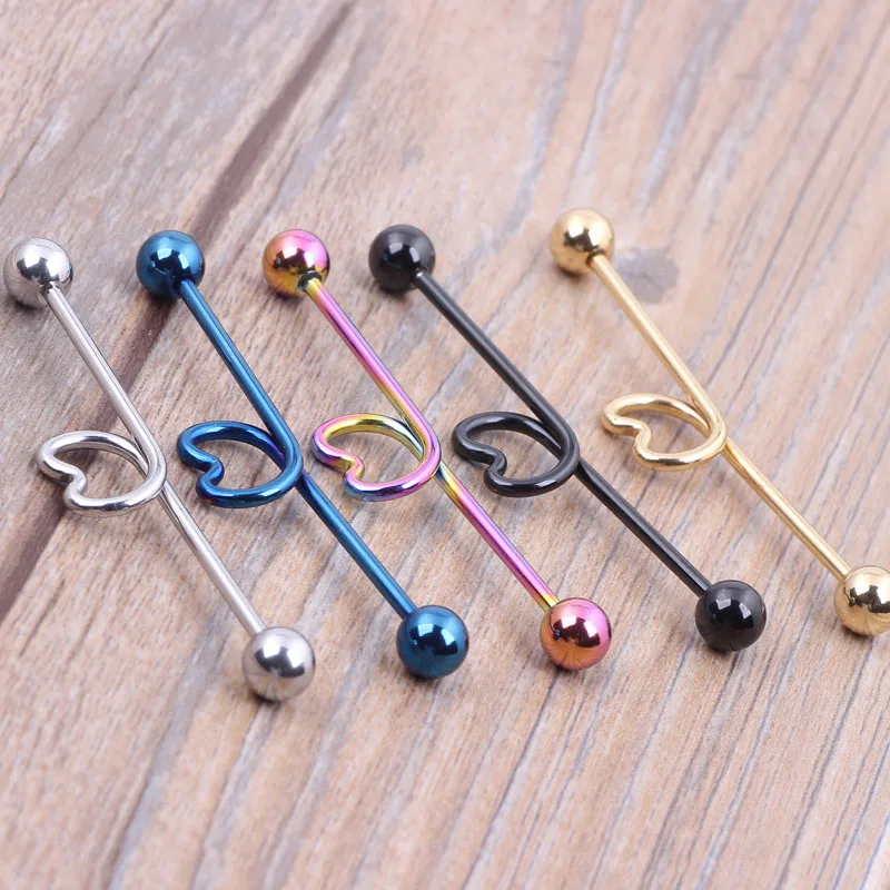 14G 44mm Heart Surgical Steel Industrial Barbell Ear Ring Bar mix 5 color for body piercing jewelry