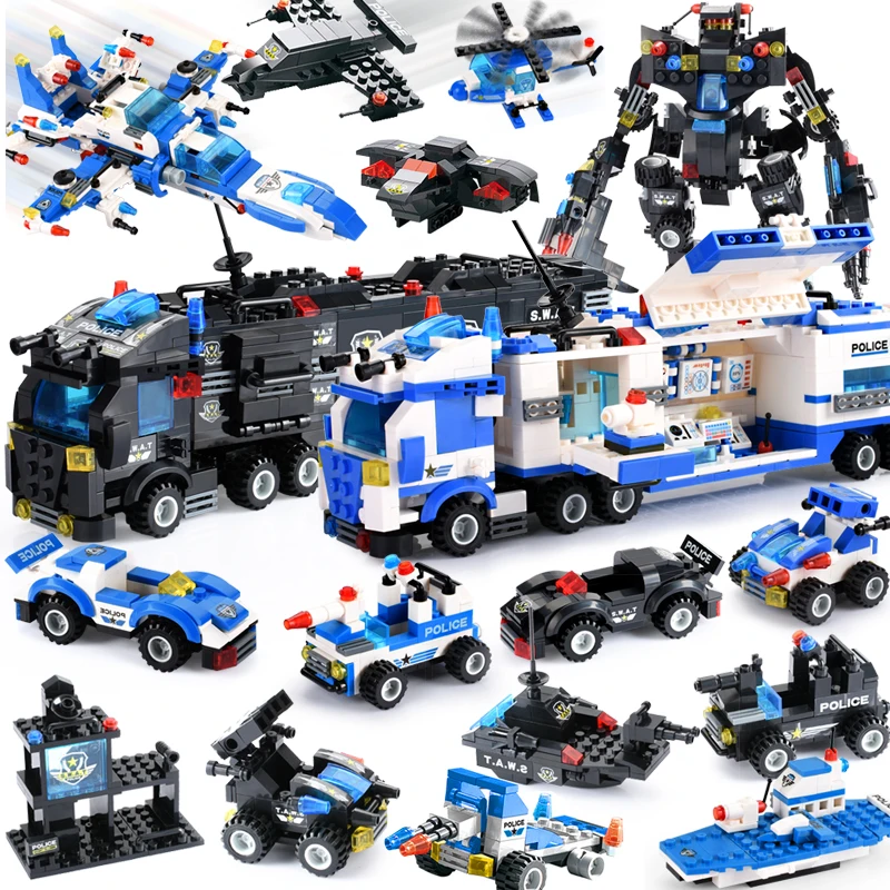 825+PCS Creative City Police Building Blocks 8 in 1/6 In 1 Robot Helicopter Police Station Figures Blocks DIY Bricks Kids Toys