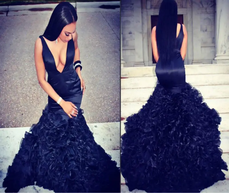 Navy Blue Long Mermaid Prom Dresses 2017 For Black Girls V Neck Organza Ruffles Zipper-Up Court Train Sexy Pretty Prom Gowns