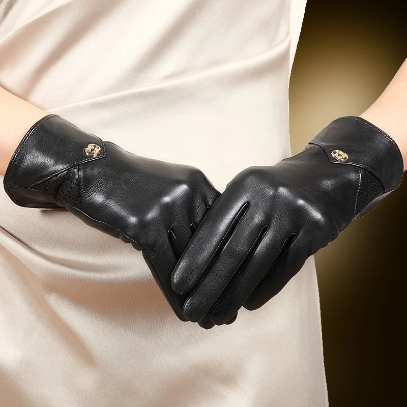 Gants en cuir véritable pour femmes, à la mode, à cinq doigts, en peau de mouton, avec doublure chaude en velours, Nappa doux pour dames, L171NC2,