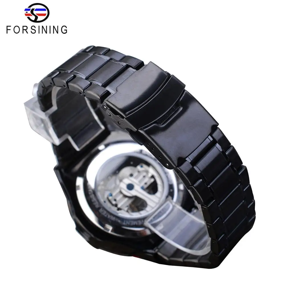 Forsining Transparent Automatic Men Watch Golden Bridge Mechanical Black Stainless Steel Band Skeleton Watches Relogio Masculino