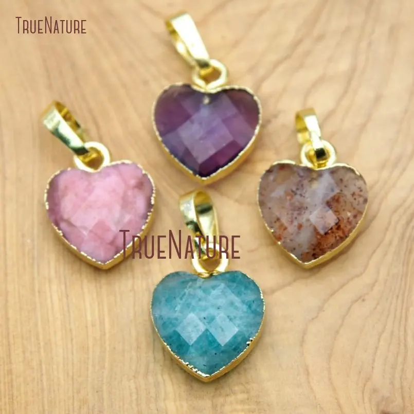 10Pcs Cheap Gold Color Faceted Heart Rhodonite Single Amazonite Amethysts Stawberry Quartz Pendant Sale 14x11mm PM15650