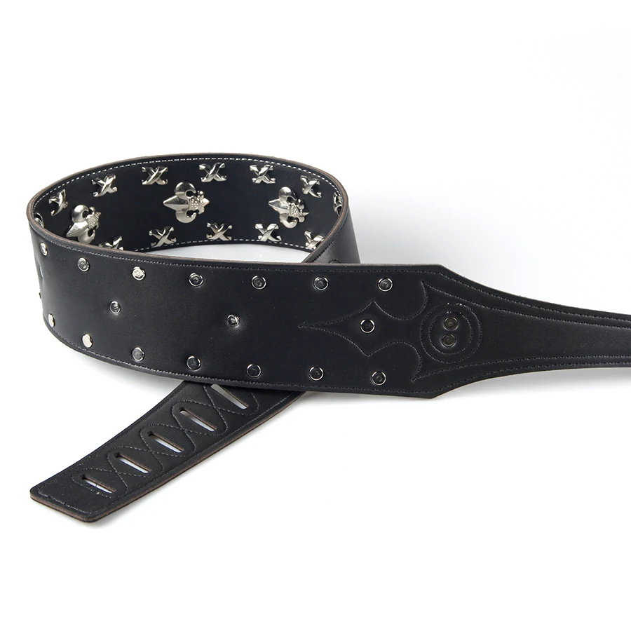 Black Genuine Leather Guitar Strap High Quality Durable  Strap For Acoustic Electric Guitar Bass Strap Inlaid with Metal Pattern