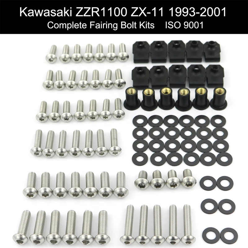 Fit For Kawasaki ZZR1100 ZX-11 1993-2001 Motorbike Complete Fairing Kit Full Cowling Bolts Kit Stainless Steel Clips Nuts