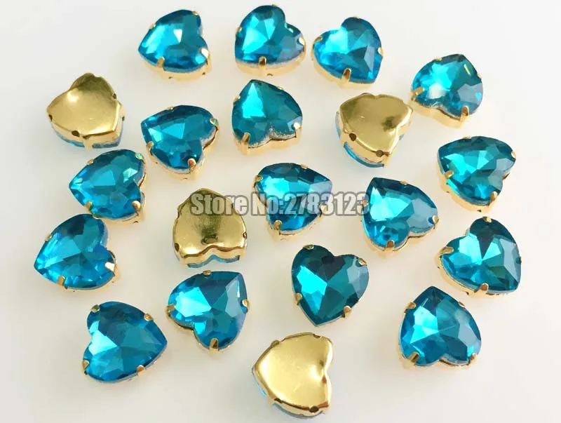 Gold bottom lake blue heart shape AAA Glass Crystal sew on claw stones,flatback loose rhinestones Free shipping