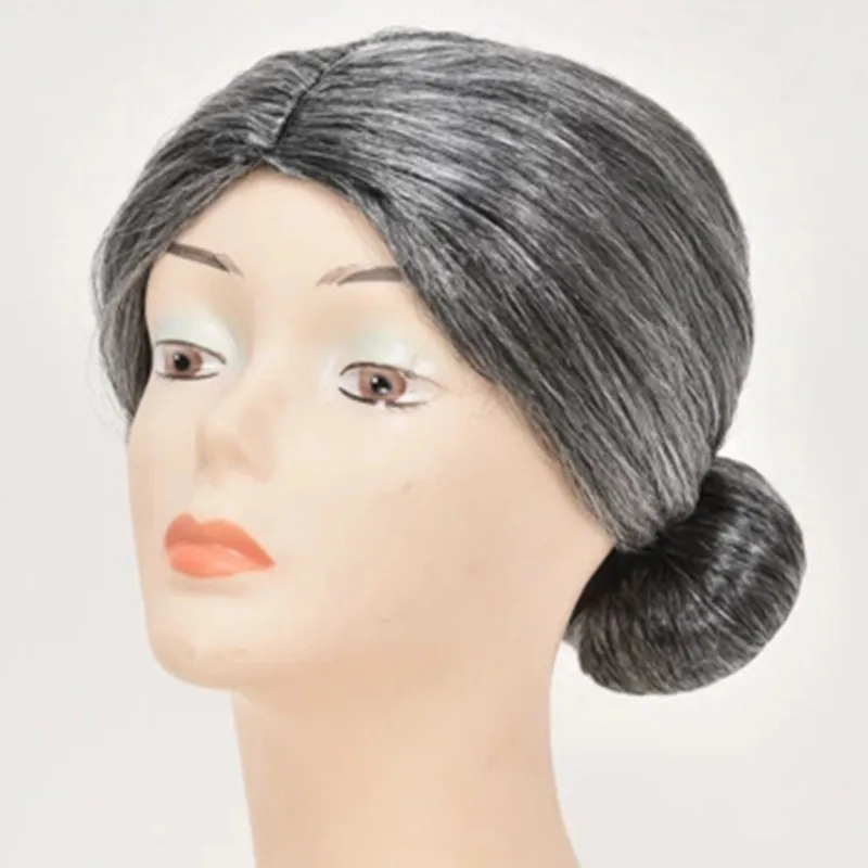 Moño pelo gris gran madre abuela abuela Cosplay sombreros Peluca disfraces de Halloween Purim carnaval mascarada vestido de fiesta