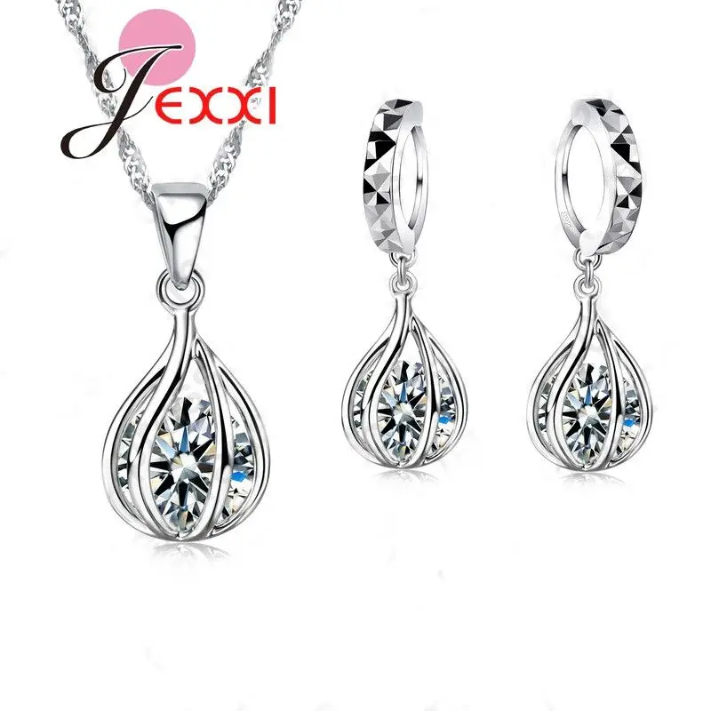 

Party Wedding Jewelry Set 925 Sterling Silver Needle Necklace Earrings Set Women Water Drop Pendant With Clear Cubic Zirconia