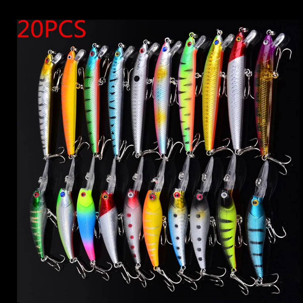 20pcs/lot 2 Mixed Models Fishing Lures Set 20 Colors Minnow Fishing Hard Baits Bass Crankbait Sharp Hooks Tackle