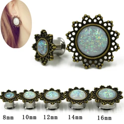 1Pair Hot sale Women Single Flare Synthetic Opal Lotus Flower Ear Tunnel Ear Stretcher Plugs Gauge Expander