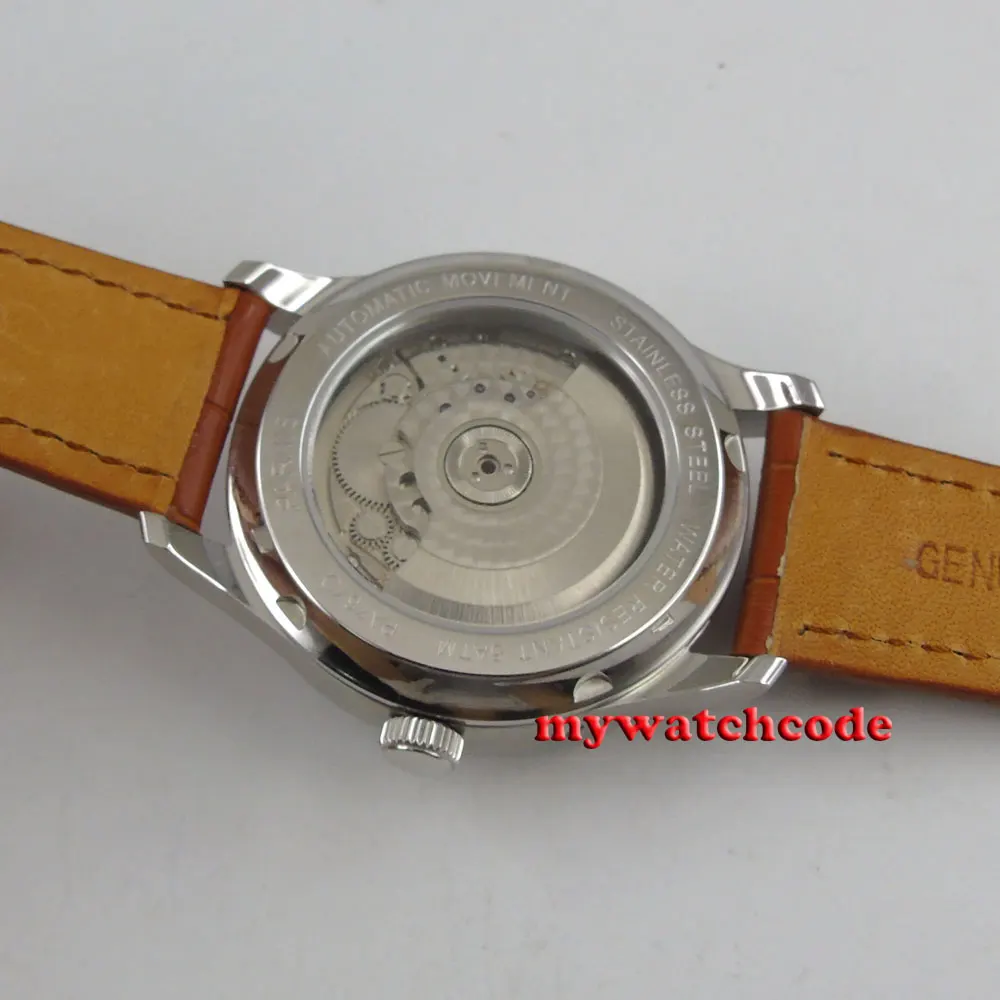 43mm parnis white dial date brown strap ST2552 automatic movement mens watch 902