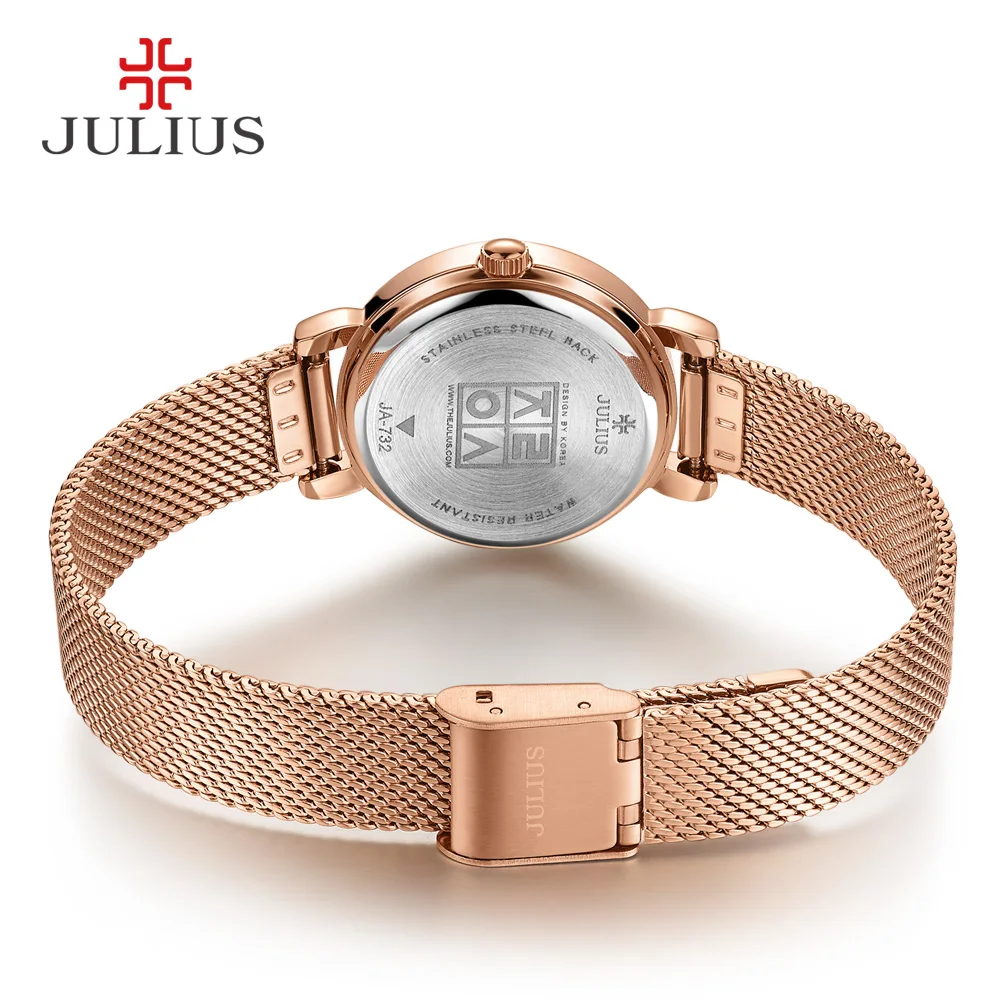 JULIUS JA-732 Female Women\'s Silver Rose Gold Tone Mesh Stainless Steel Quartz Analog Waterproof Fashion Watch Casual Wristwatch