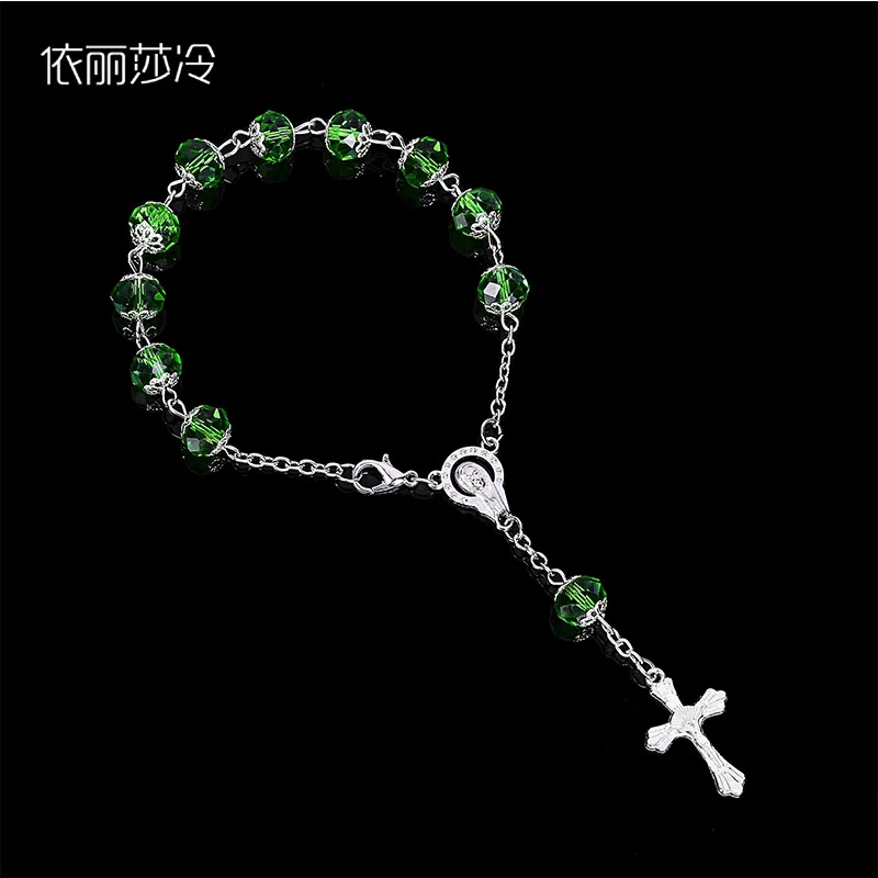 

8mm Rosary Crystal Cross Bracelet Jesus Maria Icon Bracelet Men and Women Religious Jewelry Christmas Gift Wholesale