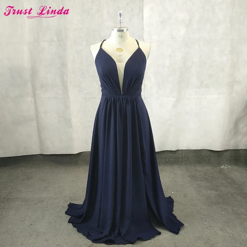 

Navy Blue V Neck Bridesmaid Dresses Party Dress Sexy Lace Up High Split Vestido de Festa Simple Prom Gowns