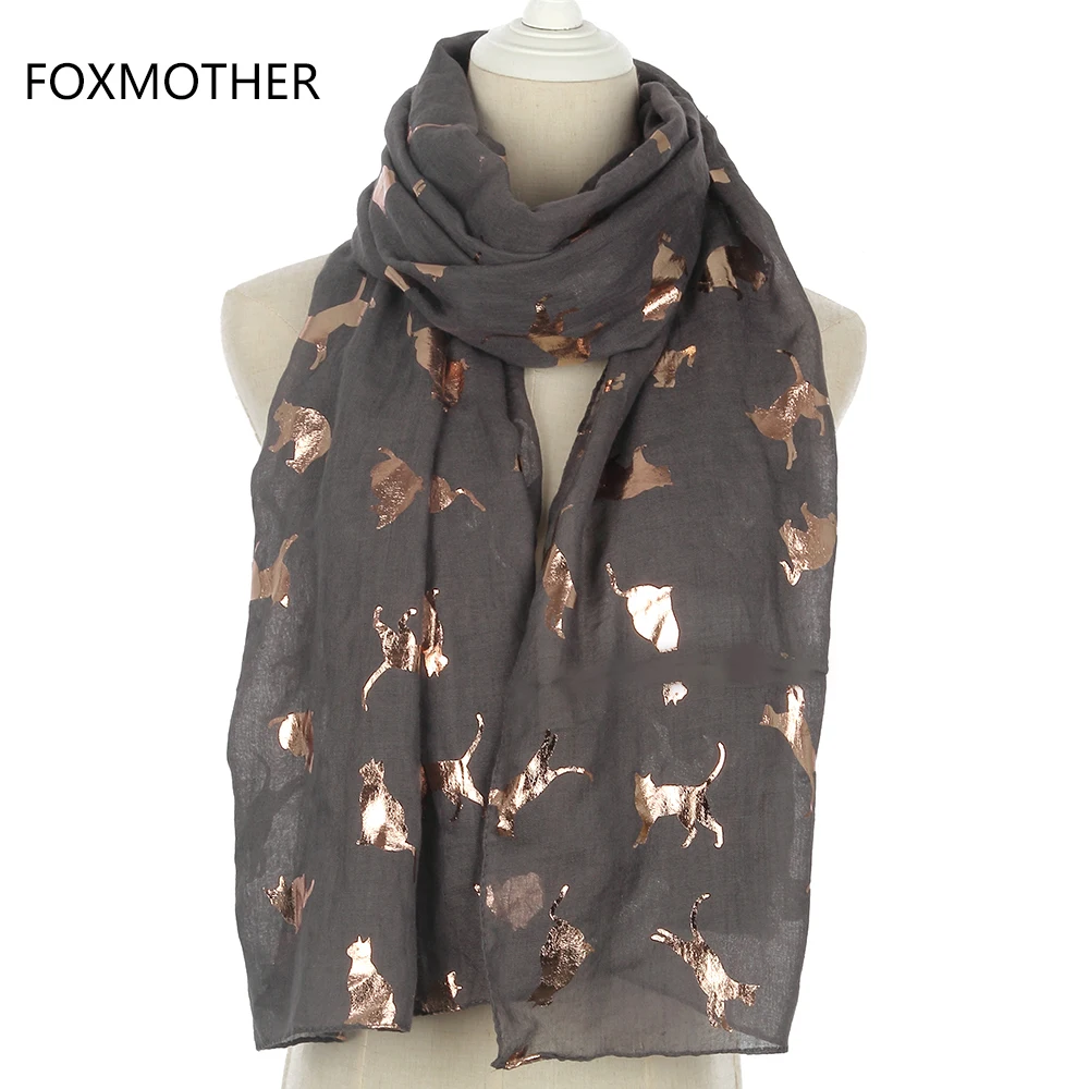 FOXMOTHER New Design Fashion Shiny Pink Grey Navy Color Foil Gold Metallic Cat Scarf Wrap Shawl Foulard Ladies Mother Gifts