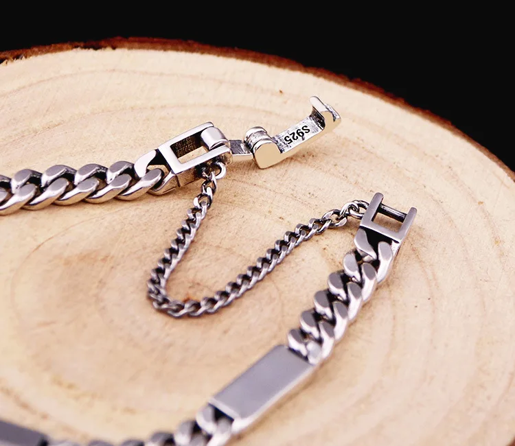 100%925 solid silver fashion vintage bracelet glossy square flattened chain stitching bracelet