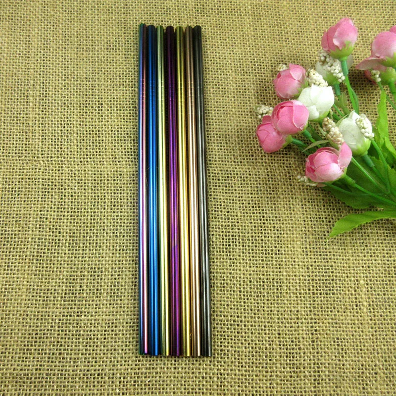 Fast Express 400pcs Metal Straight 6MM Drinking Straw Black Eco-Friendly Stainless Steel With Rainbow Brush Food Grade