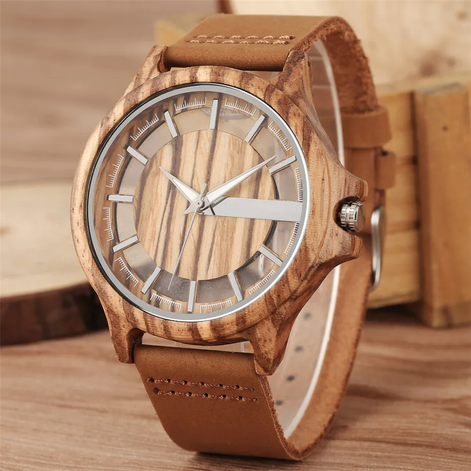 Transparent Hollow Dial Coffee/Brown/Black Wood Watches Quartz Timepiece Genuine Leather Watchband Creative Men\'s Watch New 2019