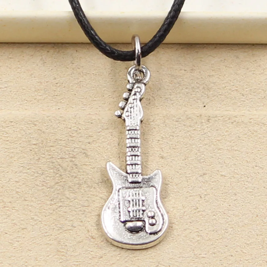 New Fashion Tibetan Silver Color Pendant Guitar Necklace Choker Charm Black Leather Cord Factory Price Handmade Jewelry