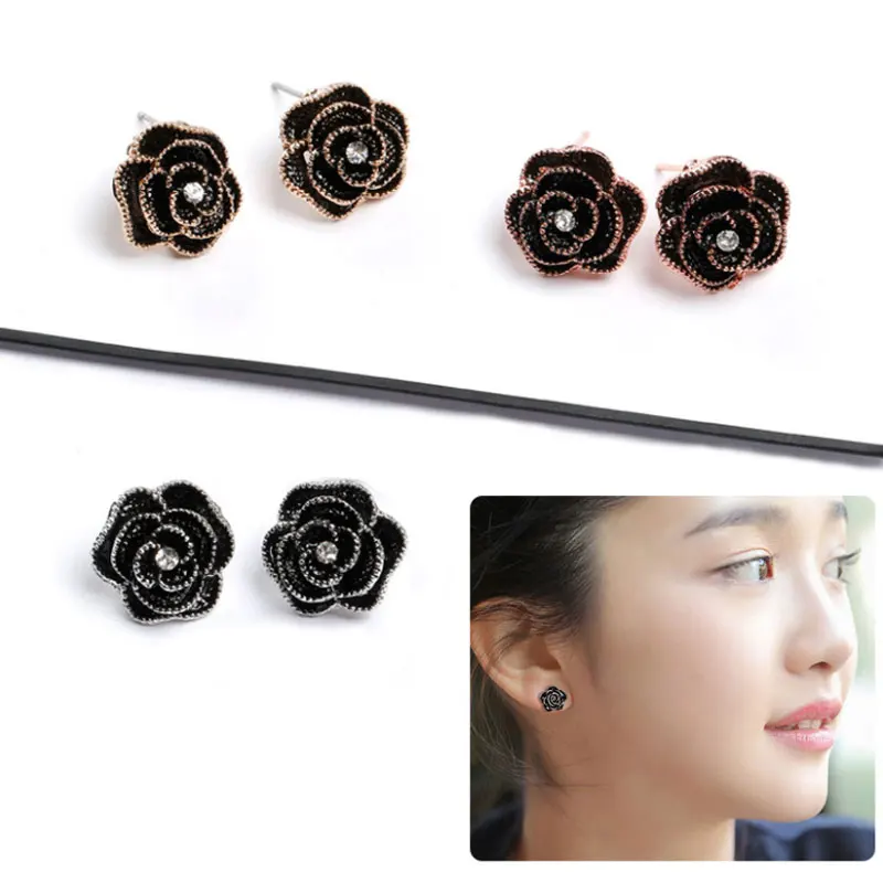 New Big Brand Camellia Earring Korean Rose Rhinestone Stud Earrings Black Luxury Woman Jewelry Party Gift