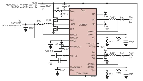 LTC3859AEUHF LTC3859AIUHF LTC3859AHUHF LTC3859-محول طاقة كهربائية ثلاثي المخارج ، باك/دفعة تحكم متزامن مع تحسين وضع الانفجار