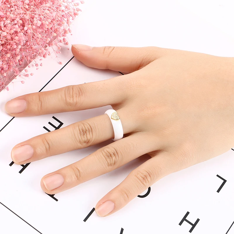 Love Heart  Yellow Silver Color Crystal Finger Rings For Women CZ Original Lovely Heart Ceramic Rings Wedding Party Jewlery