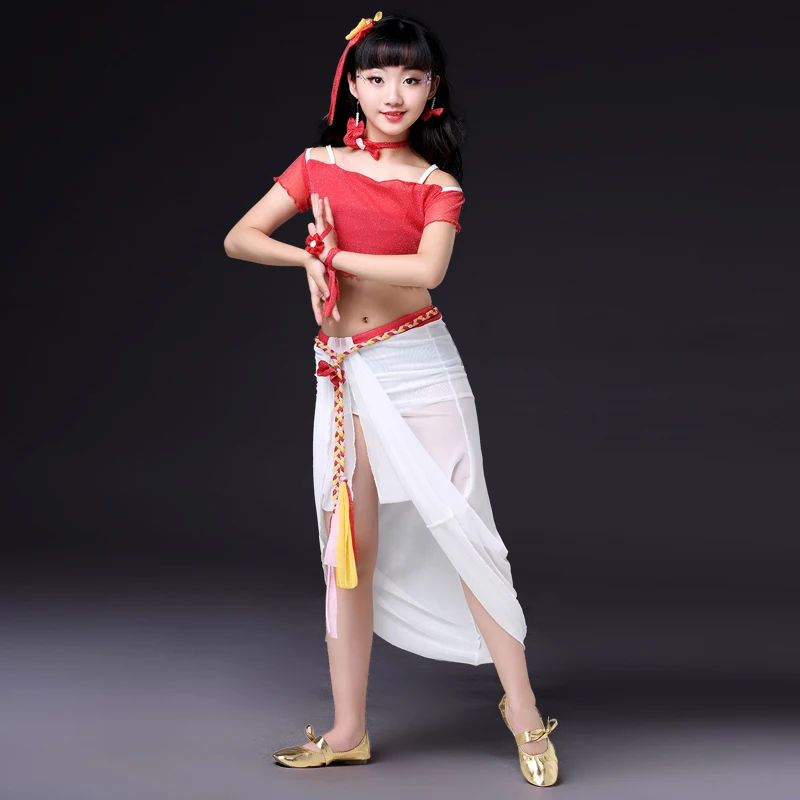 

Girl Belly Dance 2019 Childeren New Practice Top Shirt Skirt 2 Pcs Set Professional Performance Clothes Kids Dance Clothes H4516