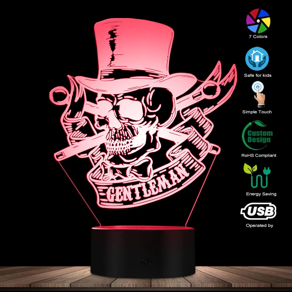 Mr Gentleman Skull With Top Hat 3D Optical Illusion Night Lamp Steampunk Skeleton LED Night Lights Skull Lovers Bedroom Decor