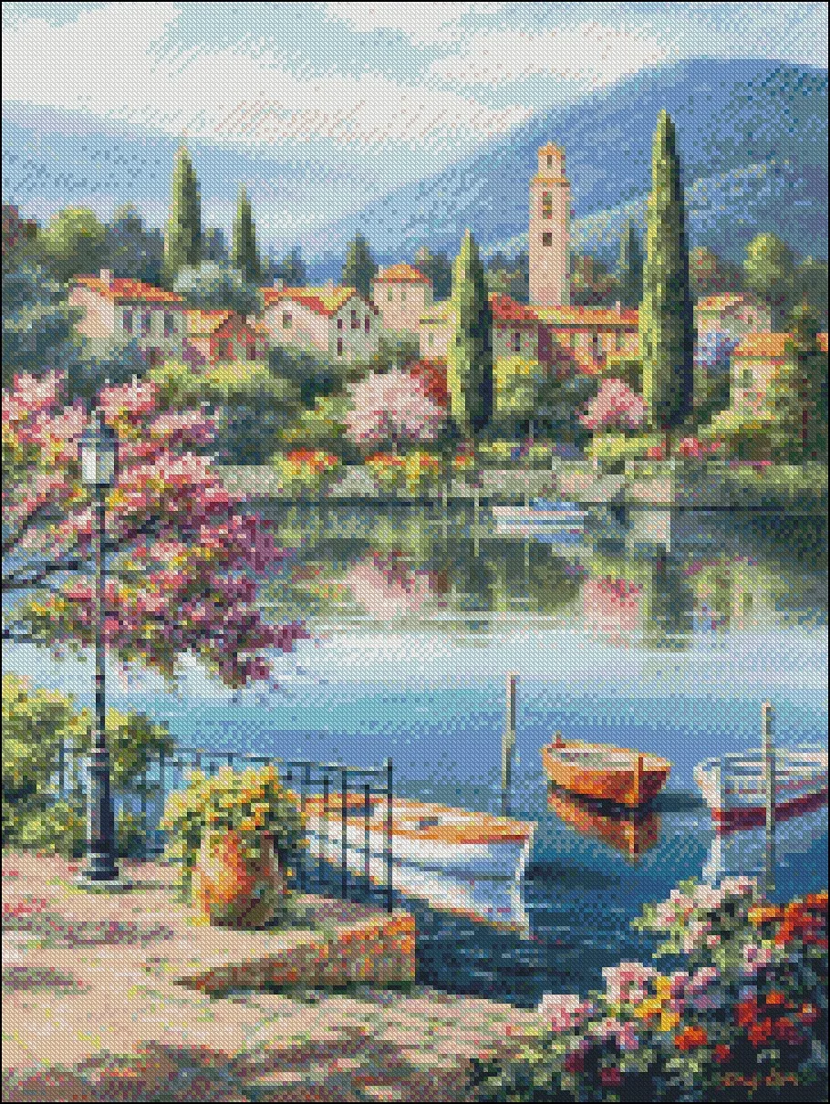 Embroidery Counted Cross Stitch Kits Needlework - Crafts 14 ct DMC DIY Arts Handmade Decor - Village Lake Afternoon