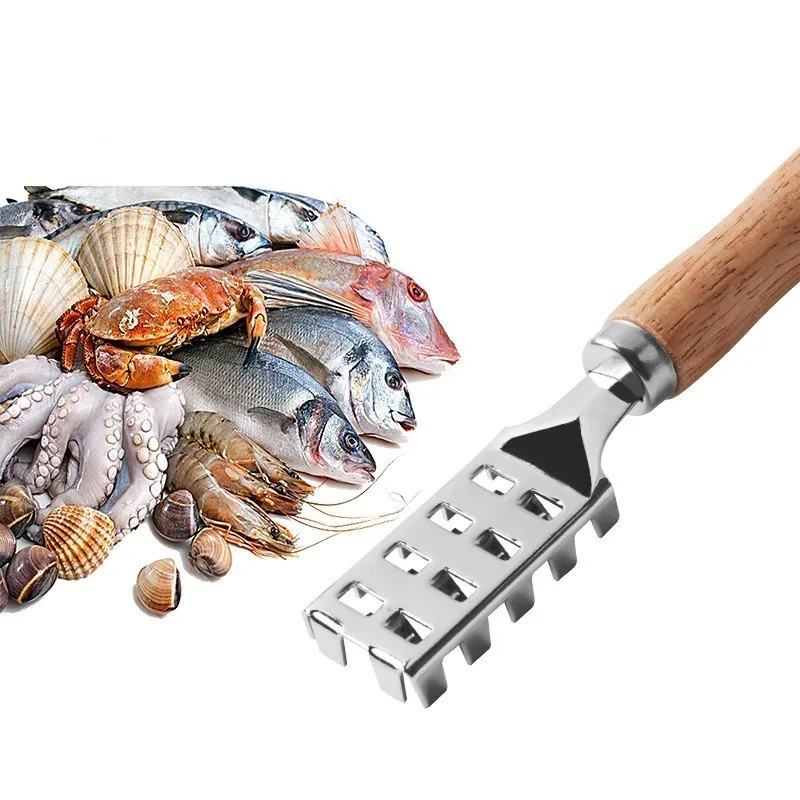 Kitchen accessories Wooden handle Fish scale Skin Brush Scraping Graters Fast Remove Fish Cleaning planing Scraper Kitchen Tool