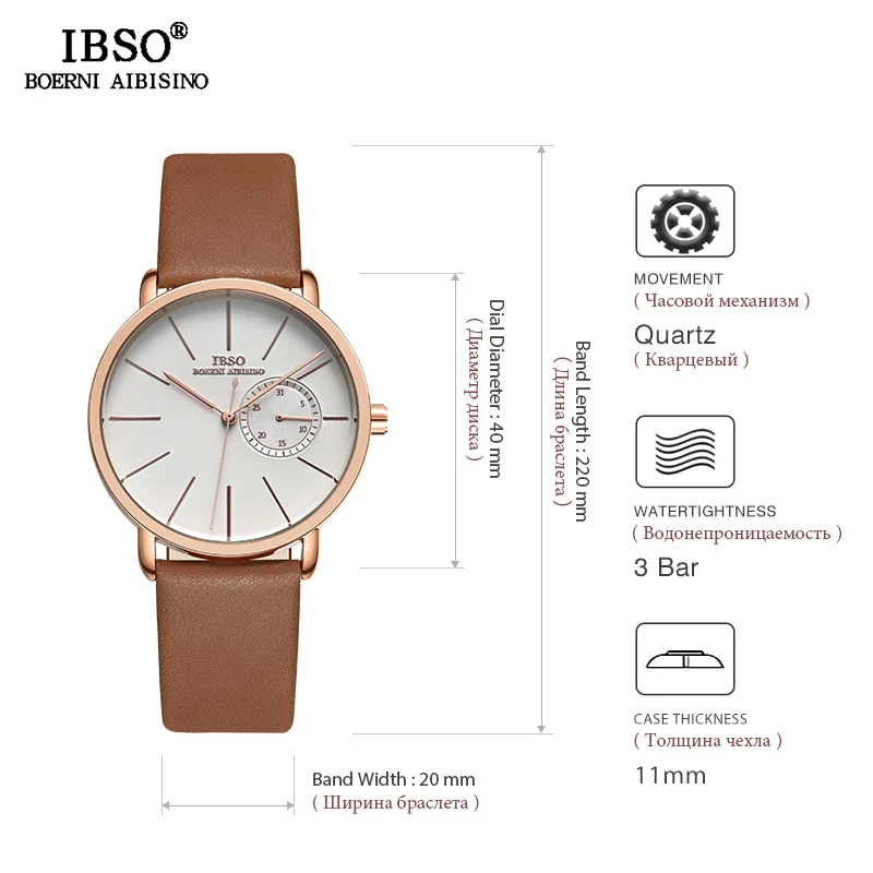 IBSO BRAND High Quality Mens Business Watches Genuine Leather Male Quartz Watch Wristwatch For Man Relogio Masculino