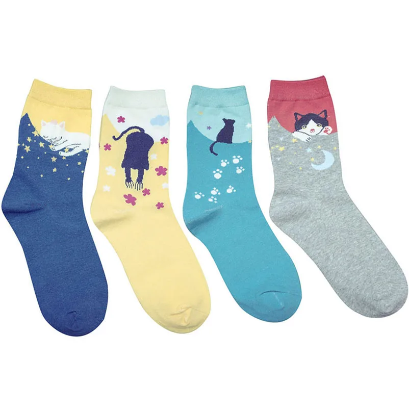 5 Pairs/lot Women Socks Multicolor Cute Cat Kawaii Animal Design Women's Casual Cotton Crew Socks Christmas Sock Meias Hosiery