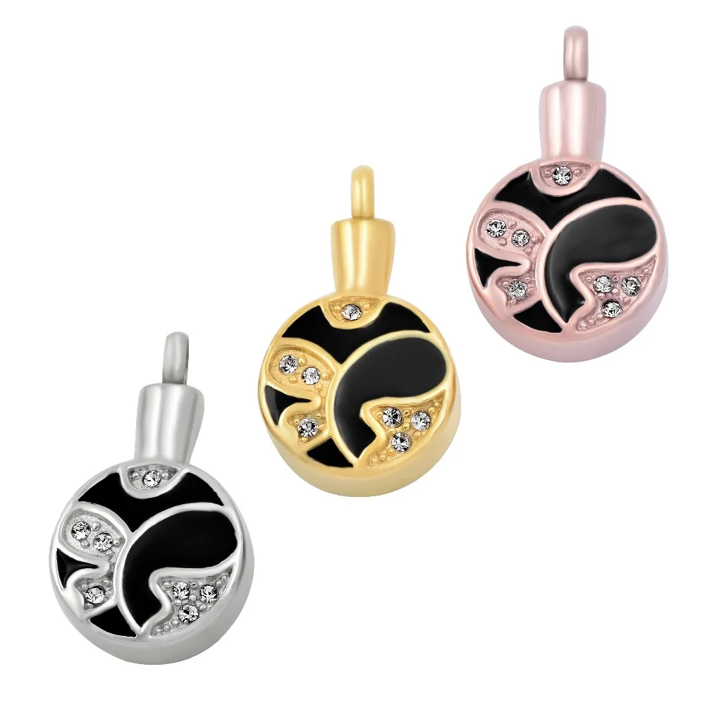 IJD9601 Round Black Inlay Crystal Pattern Stainless Steel Cremation Memorial for Ashes Urn Pendant Necklace Keepsake Jewelry