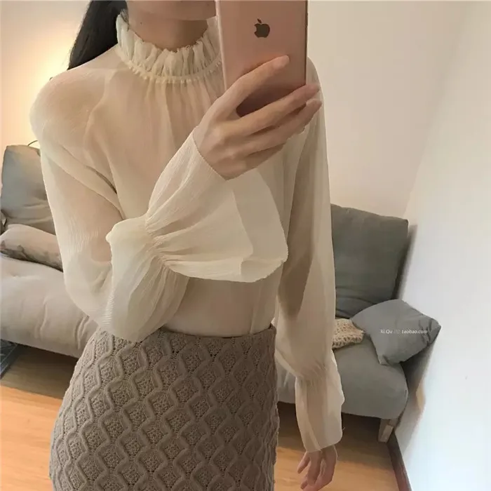 Freeship ladies vintage casual ruffled stand collor long sleeve see through Blouses/inside matching/Shirts flare