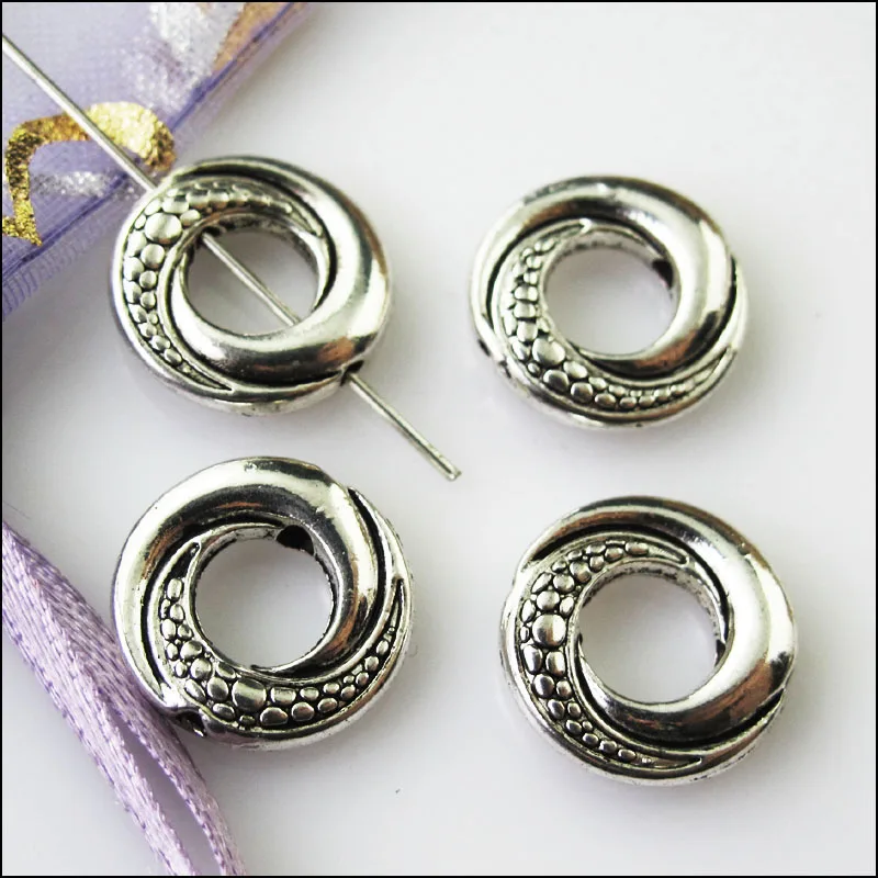 12Pcs Antiqued Silver Color Round Circle Spacer Beads Frame Charms 14.5mm