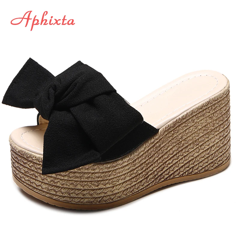 Aphixta platformy kapcie na platformie kobiety buty outdoorowe Clog Riband Butterfly-knot sandały dziewczyny Flip Flop slajdy Pantoufle Femme