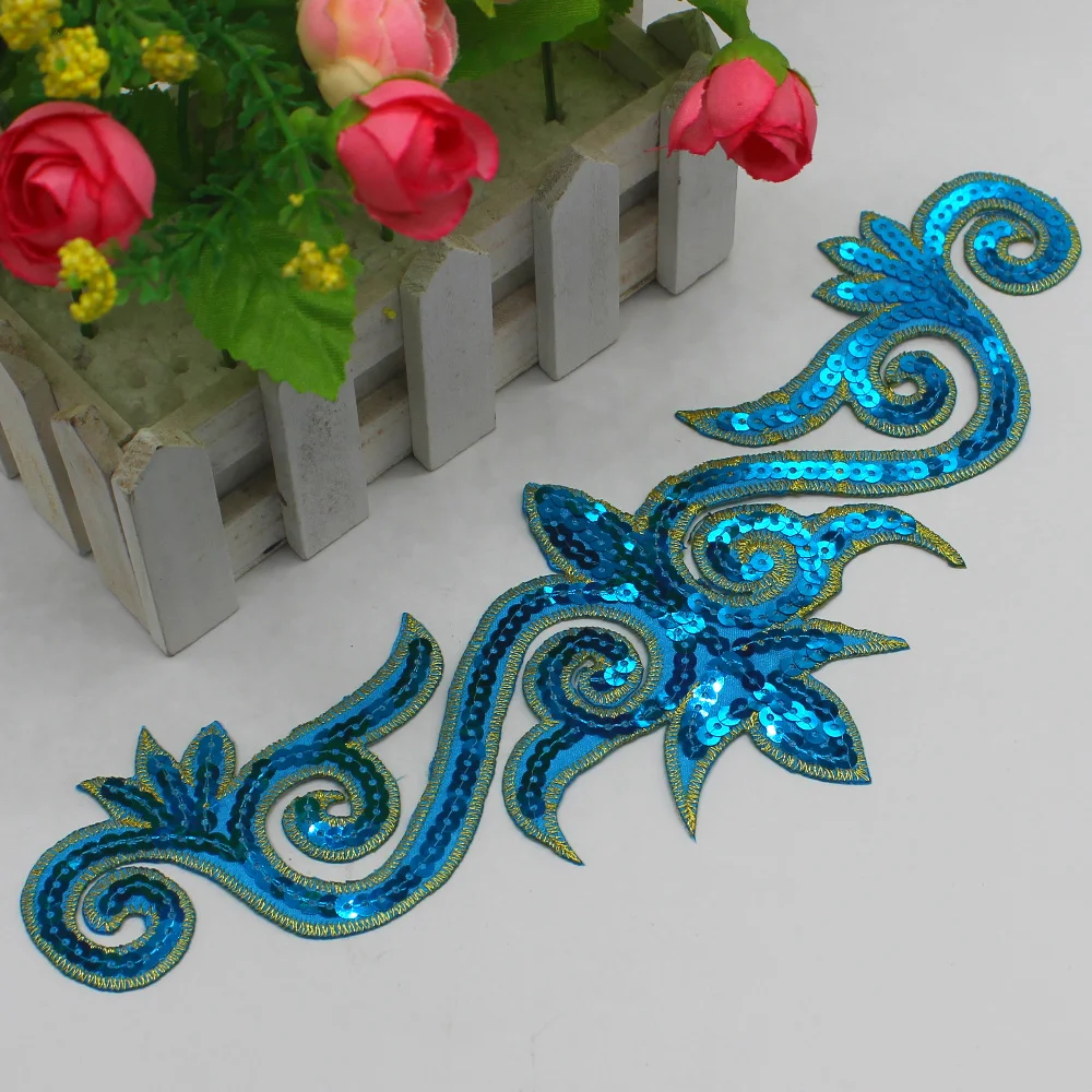 1 Piece Sequined Flower Appliques Iron On Gold Embroidery Patches Cosplay Trims Hair Accessory 30*10cm