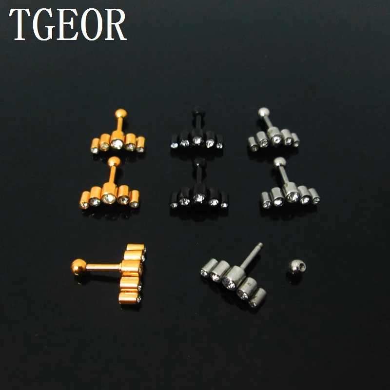 Hot 1 pair  1.2*6*4/(4*11)mm surgical Stainless Steel gem 5 crystals ear tragus piercing earring