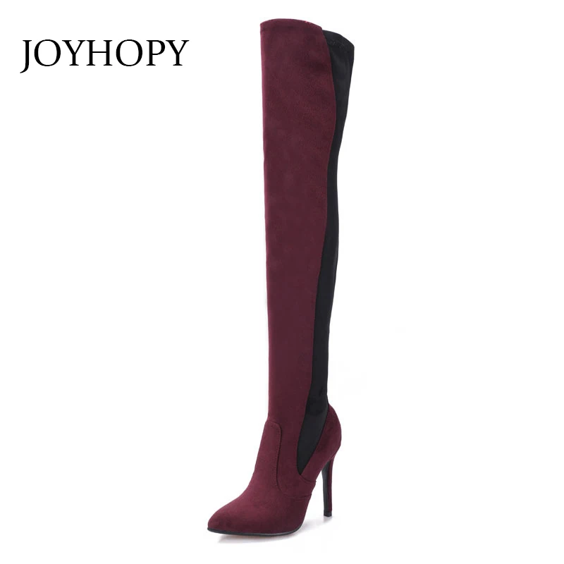 

Ботфорты женские из эластичной ткани, флоковые, с пэчворком, заостренный носок, модные женские ботфорты на высоком каблуке