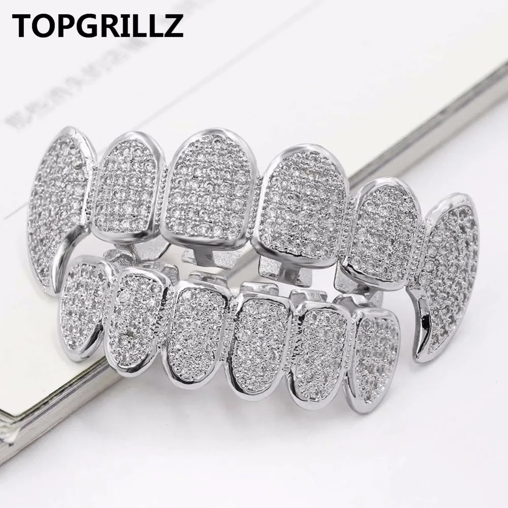 TOPGRILLZ New Fit Silver Plated CZ Micro Pave Top & Bottom GRILL SET Rhodium Teeth Grills Vampire Tooth Grillz