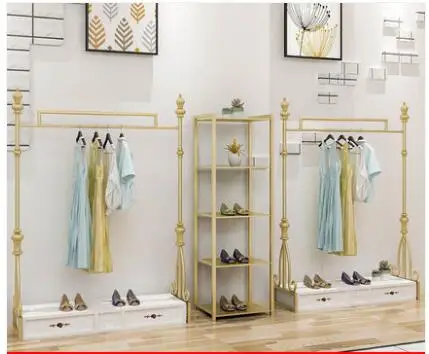 Clothing store display rack floor type women's clothing store European shelf hanging rack display clothes rack gold.