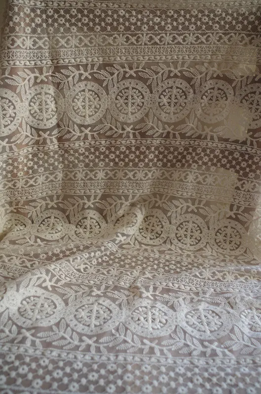 1 yard Ivory Embroidered Tulle Lace Fabric Cream Cotton Embroidered Tulle Lace Fabric Mesh Lace Curtain Fabric