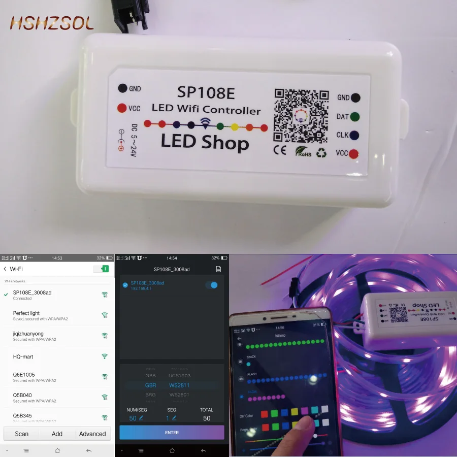 

DC5-24V Sp108E Wifi 5050LED Magic Controller 2048pixels 2811 6803 2812 dmx512 etc Big compatible Wireless IOS 10/Android 4.4