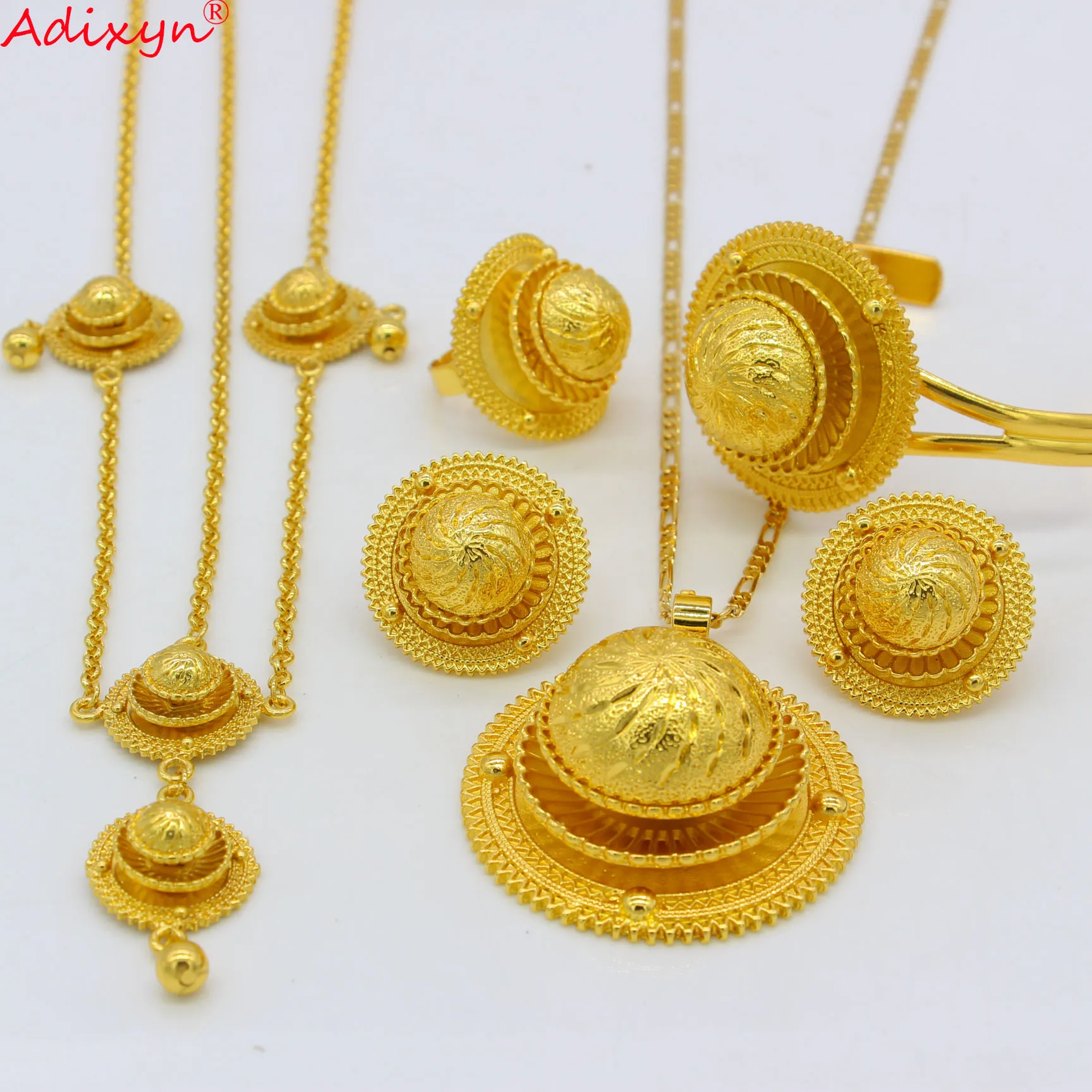 Adixyn Gold Color Ethiopian Jewelry set Pendant/Necklace/Bangle/Earring/Ring/Hairchain African Eritrea Wedding sets N06154