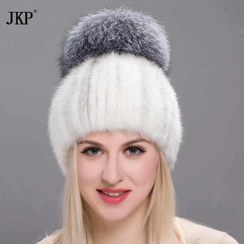 Real Mink Fur Hat For Winter Women Imported Knitted Mink Cap With Fox Fur 2022 New Hot Sale High Quality Female Beanies DHY17-04