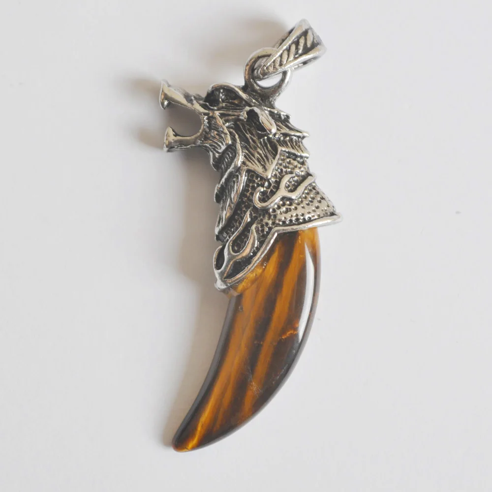 Natural Tigereye Stone Teeth GEM Pendant Dragon Fashion Jewelry S3060