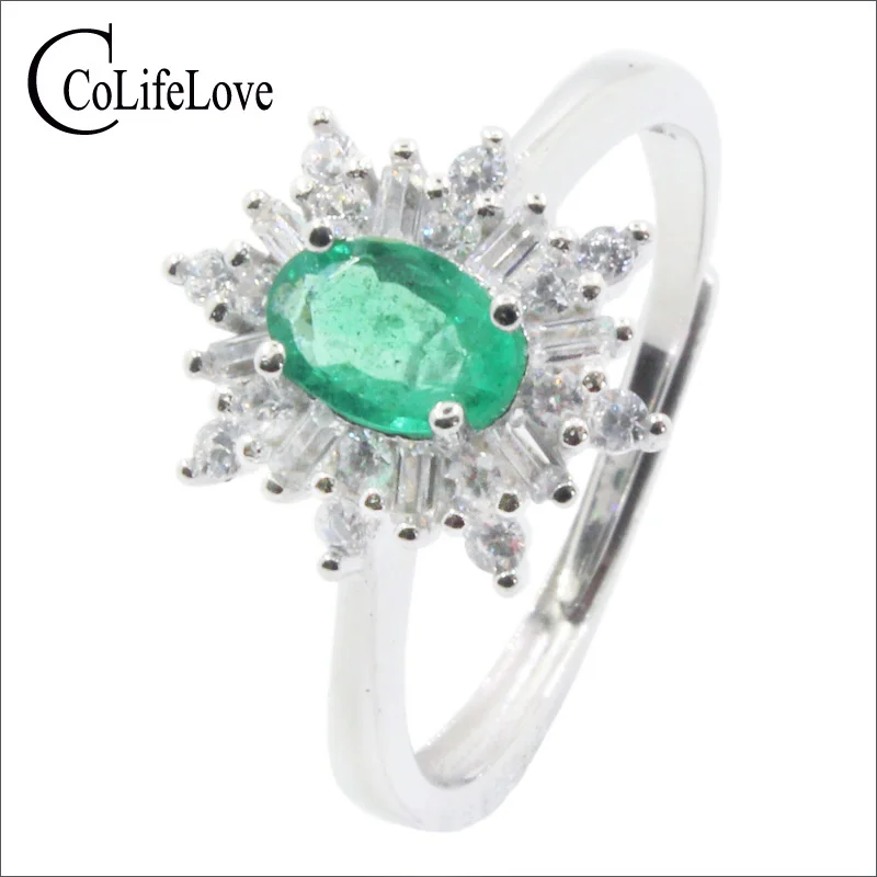 Silver Snowflake Ring for Engagement 4 mm * 6 mm 100% Natural Emerald Ring Solid 925 Sterling Silver Emerald Ring