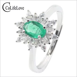 Silver Snowflake Ring for Engagement 4 mm * 6 mm 100% Natural Emerald Ring Solid 925 Sterling Silver Emerald Ring