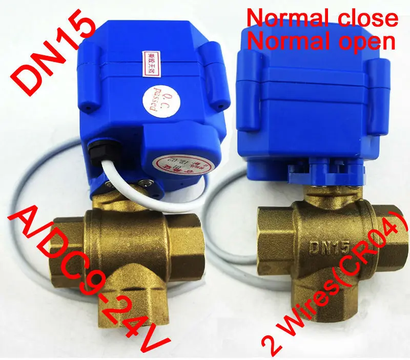 

1/2" 3 way Motorized valve T port, AC/DC9-24V 2 wires(CR04), DN15 Electric ball valve POWER OFF RETURN