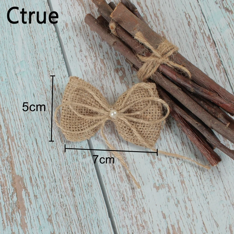 50pcs/lot Jute Burlap Hessian bow with Artificial bead Vintage Wedding Decoration Handmade Craft DIY rustic wedding centerpieces