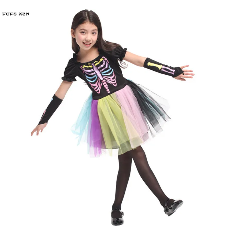 rainbow-color-girls-halloween-skeleton-costume-kids-children-zombie-walking-dead-devil-demon-cosplay-purim-carnival-party-dress